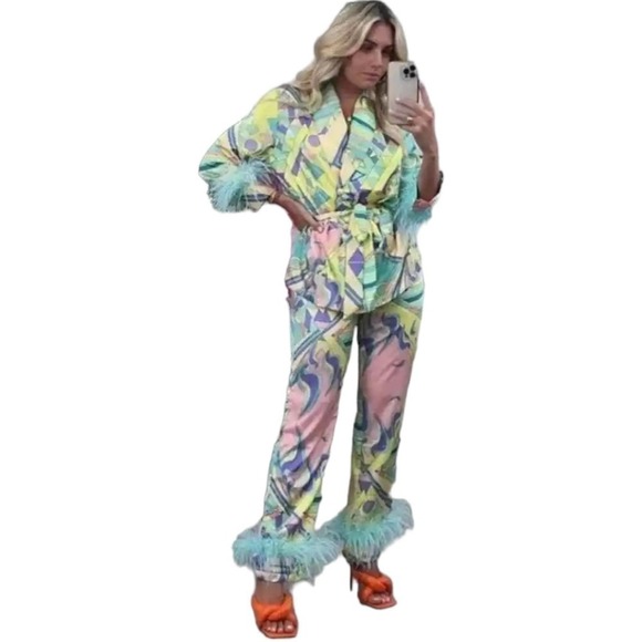 Oceanus Swimwear Womans Sz Small Pants Silky w Ostrich Feather Trim New - Picture 15 of 16